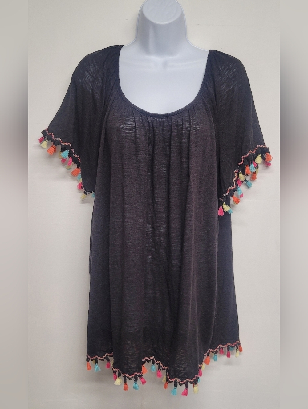 Time And Tru XXL 2X 20 Stretch Top Semi Sheer Elastic Neck Fringe Tassels